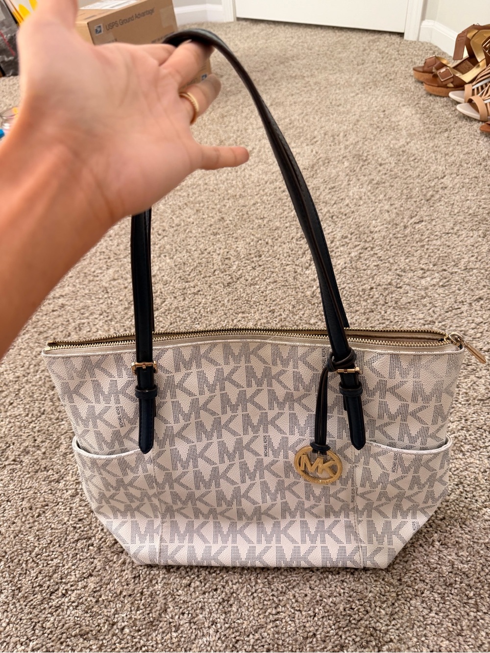 Michael Kors Beige MK Logo Tote with Black Handles and Gold Accent